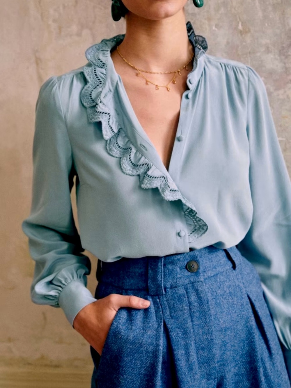 Sezane Chlo Silk Blouse in Vintage Blue Sz 36/S/4 - Picture 8 of 8